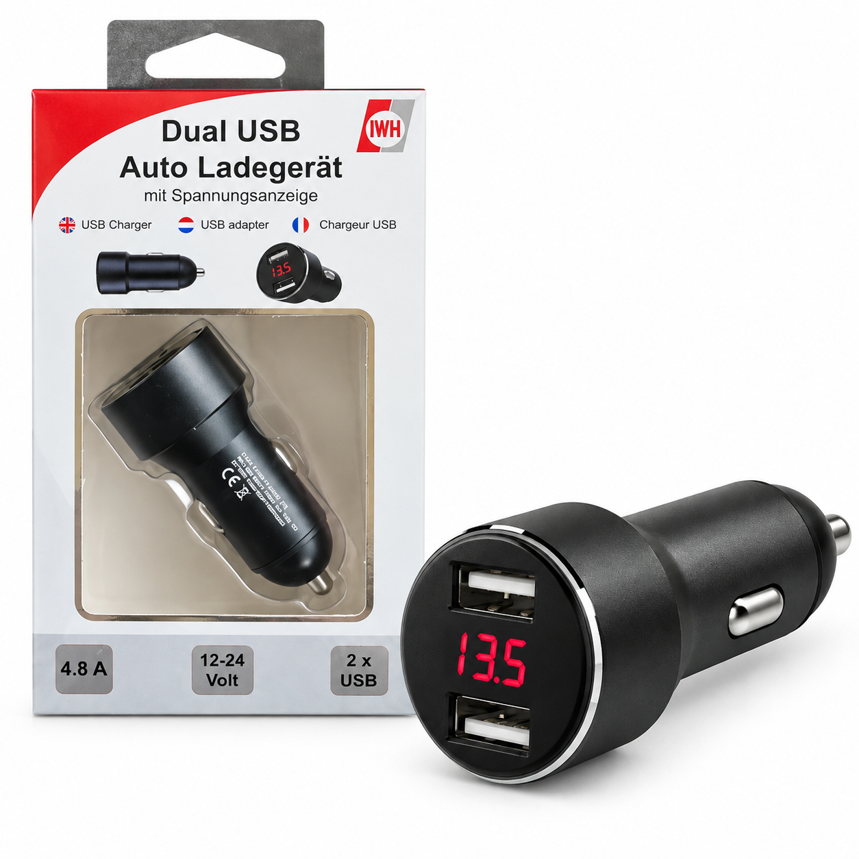 DUAL USB Auto Ladegerät 2 x 2,4 A mit Spannungsanzeige