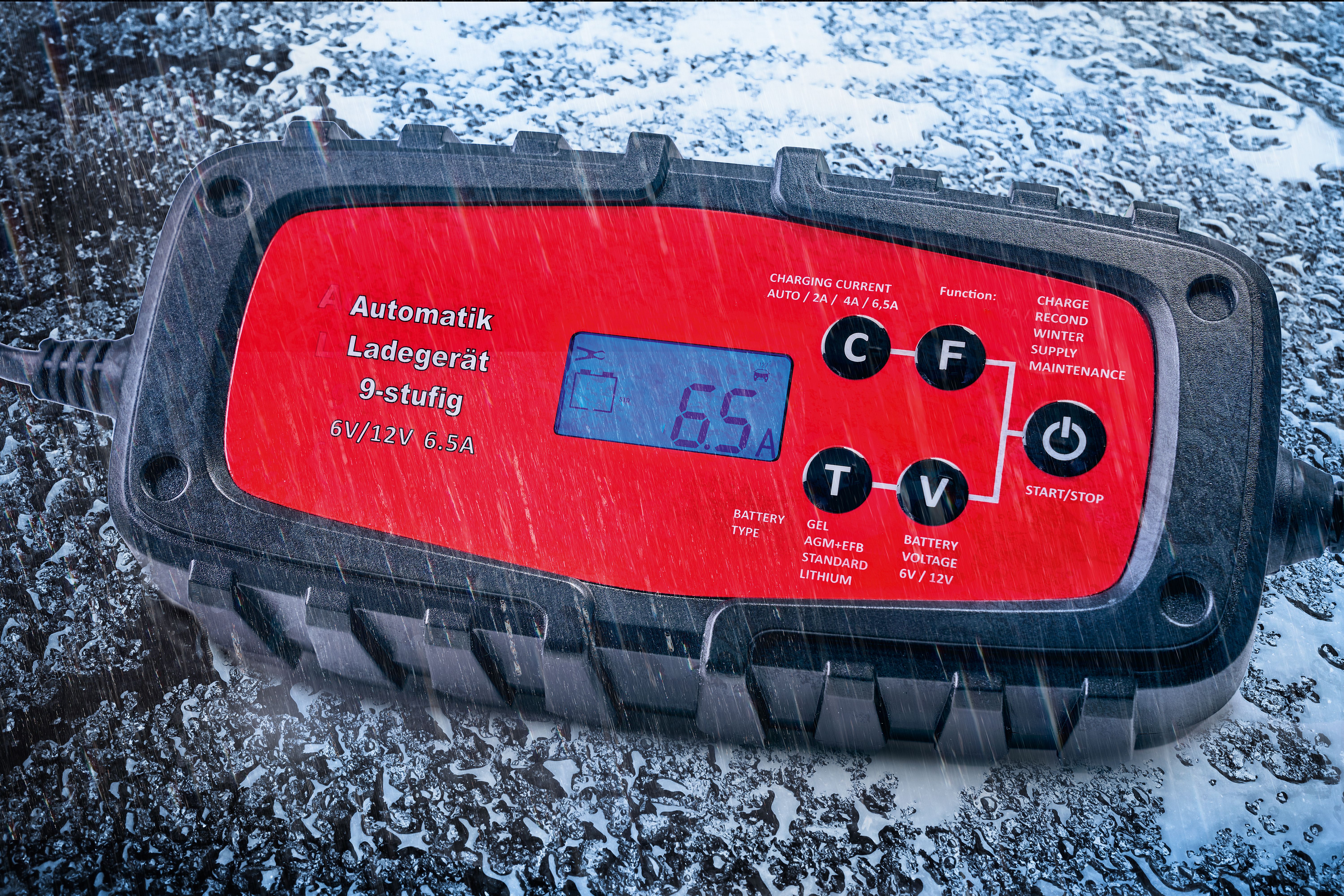 Vollautomatisches 9-stufiges Batterieladegerät für Auto & Motorrad 6,5A, 6/12 Volt 