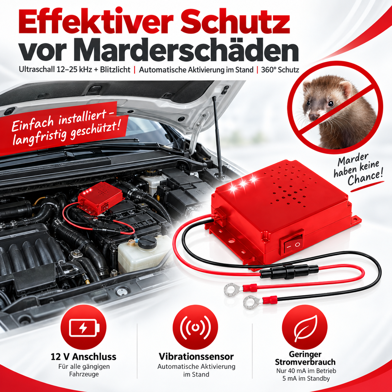 Marderabwehr 12V mit Ultraschall & Licht