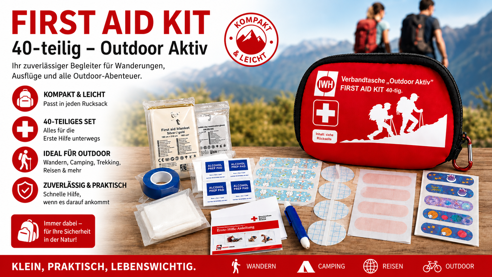 Outdoor Verbandtasche 40-teilig – wasserfest mit Karabiner