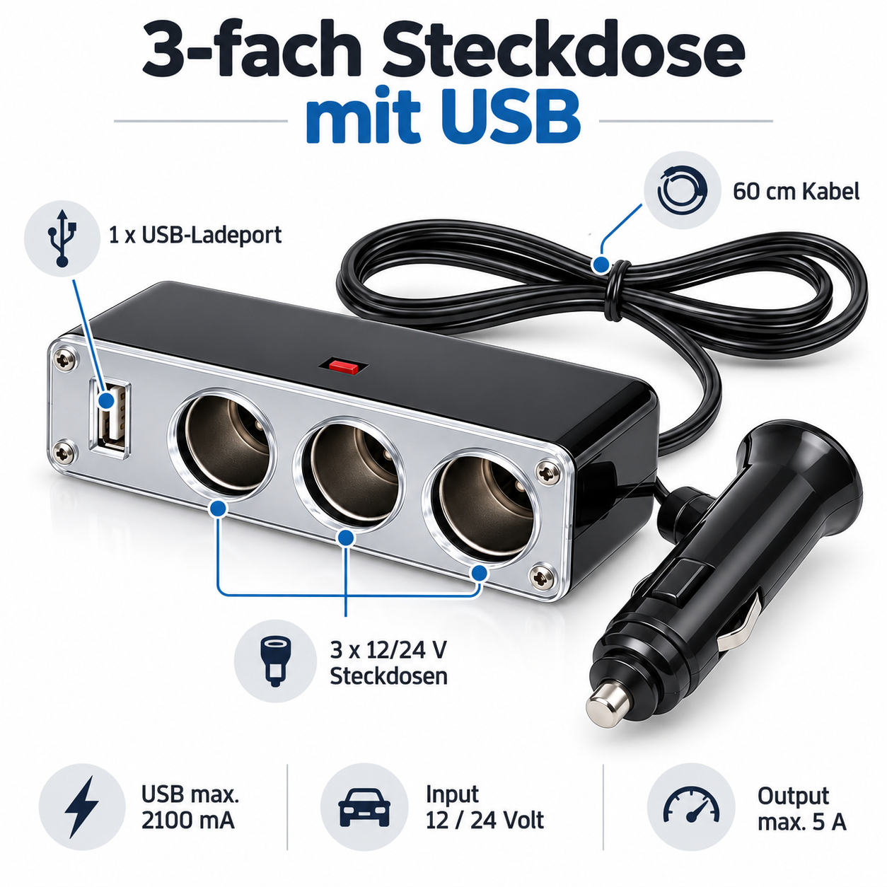 3-fach Steckdose mit USB-Ladeport 12/24 Volt