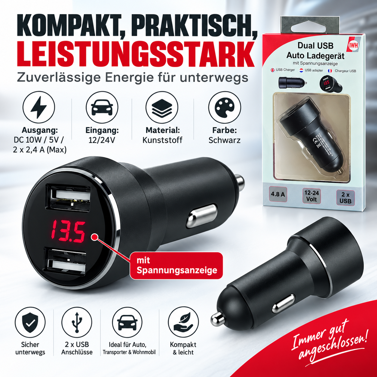 DUAL USB Auto Ladegerät 2 x 2,4 A mit Spannungsanzeige