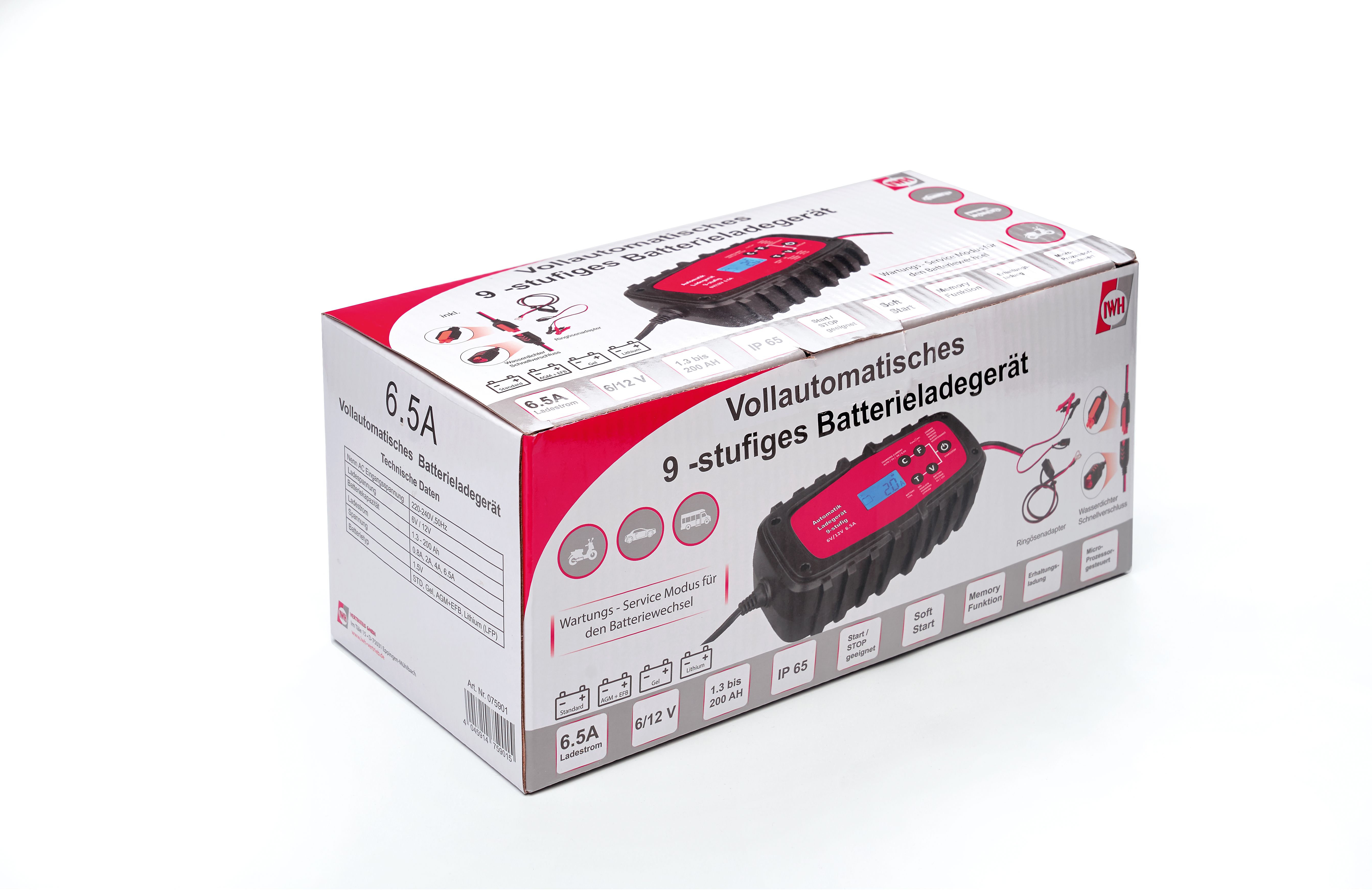 Vollautomatisches 9-stufiges Batterieladegerät für Auto & Motorrad 6,5A, 6/12 Volt 